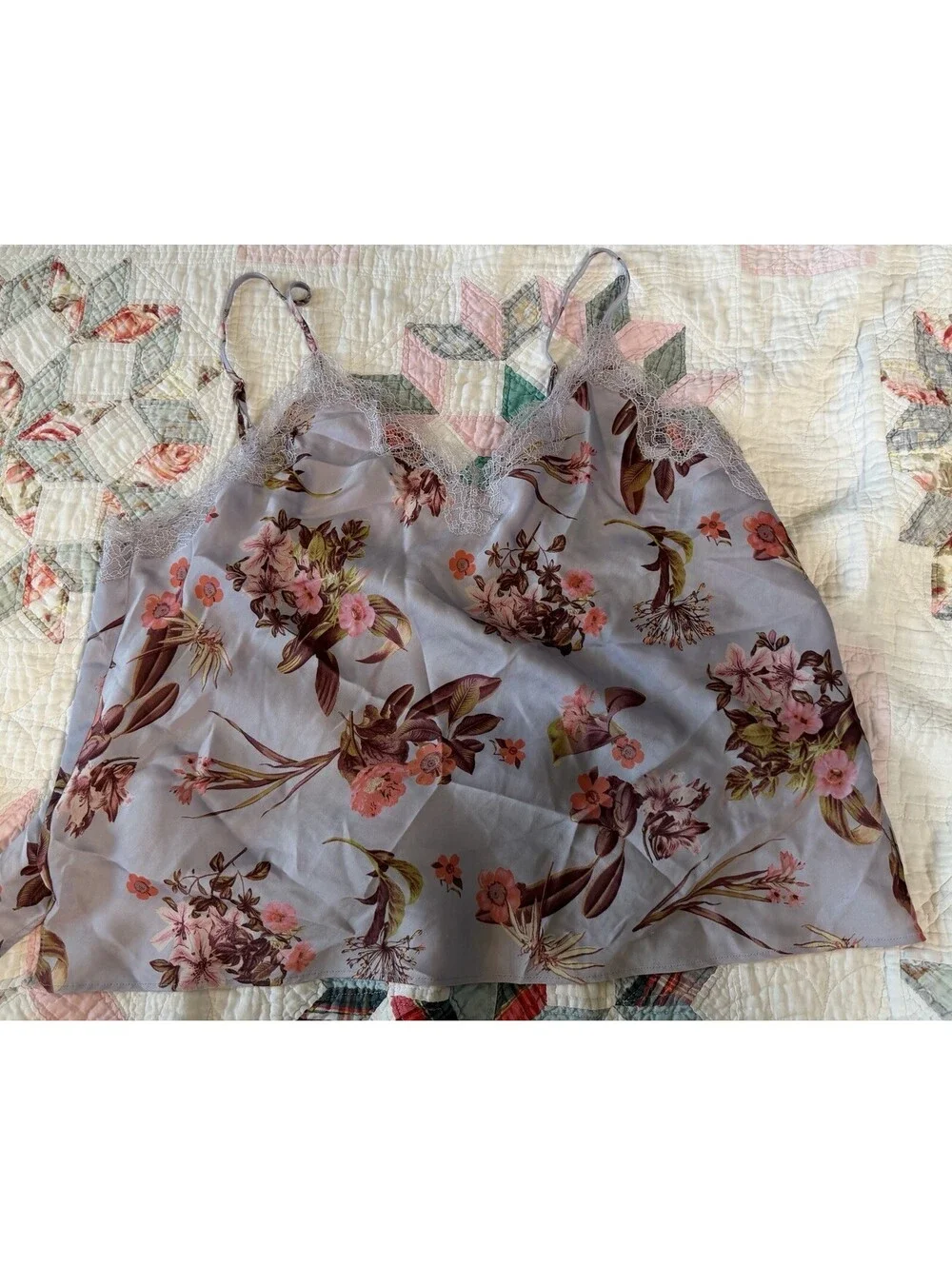 Victoria Secret Lavender Floral Coquette Satin Pajama Set Lace Trim XL Boudoir